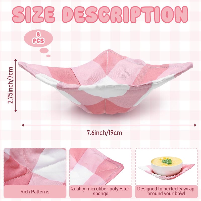 FoldTier 8 Pcs Microwave Bowl Cozy Holders, Pink Plaid Stripe Cotton Quilted Reusable Hot Pads Soup Bowl Potholders Heat Resistant Grip, Housewarming Gift Kitchen Accessories for Hot Food Plates - Image 2